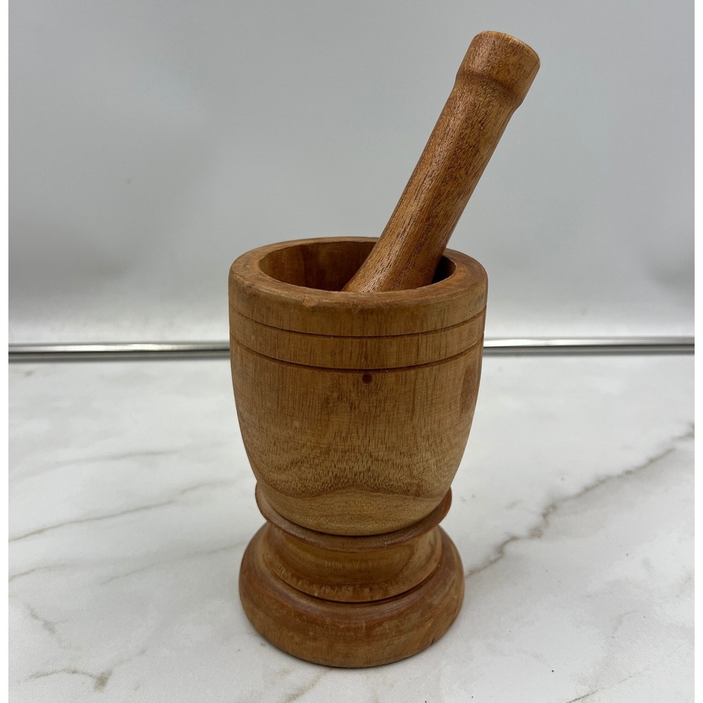 Vintage Handcrafted Wooden Mortar and Pestle Set Natural Grain Herb Grinder 6in